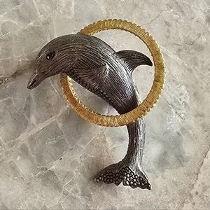 Vintage liz claiborne signed brooch pin silver gold tone‎ dolphin jewelry animal